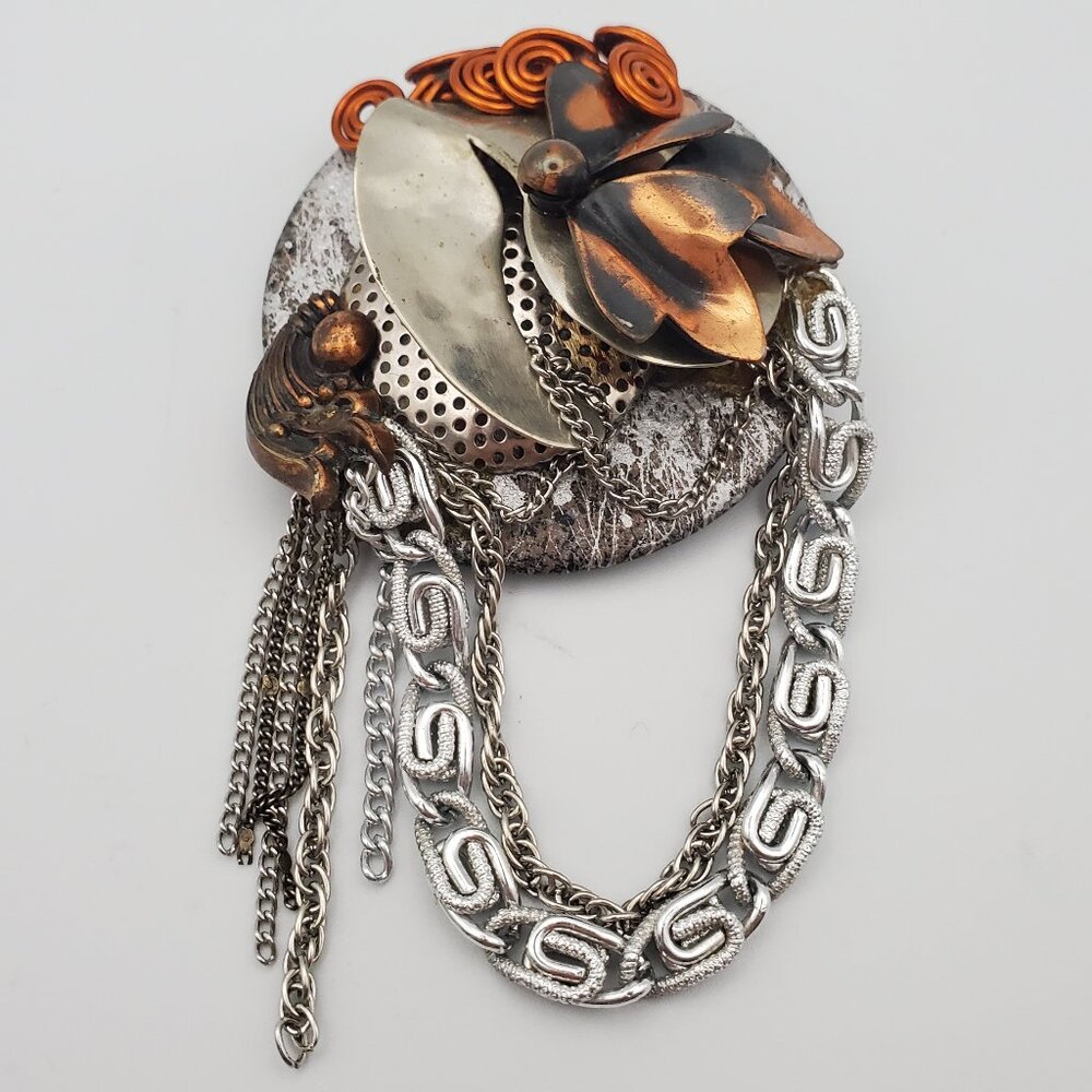 WELL ISN'T THIS INTERESTING? Artisan Made Mixed Metals Pin Brooch Silver Copper